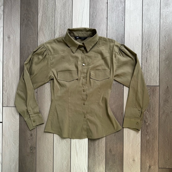 Zara Women’s Long Sleeve Olive Green Button-Up Shirt | Size: Small | - Picture 1 of 7